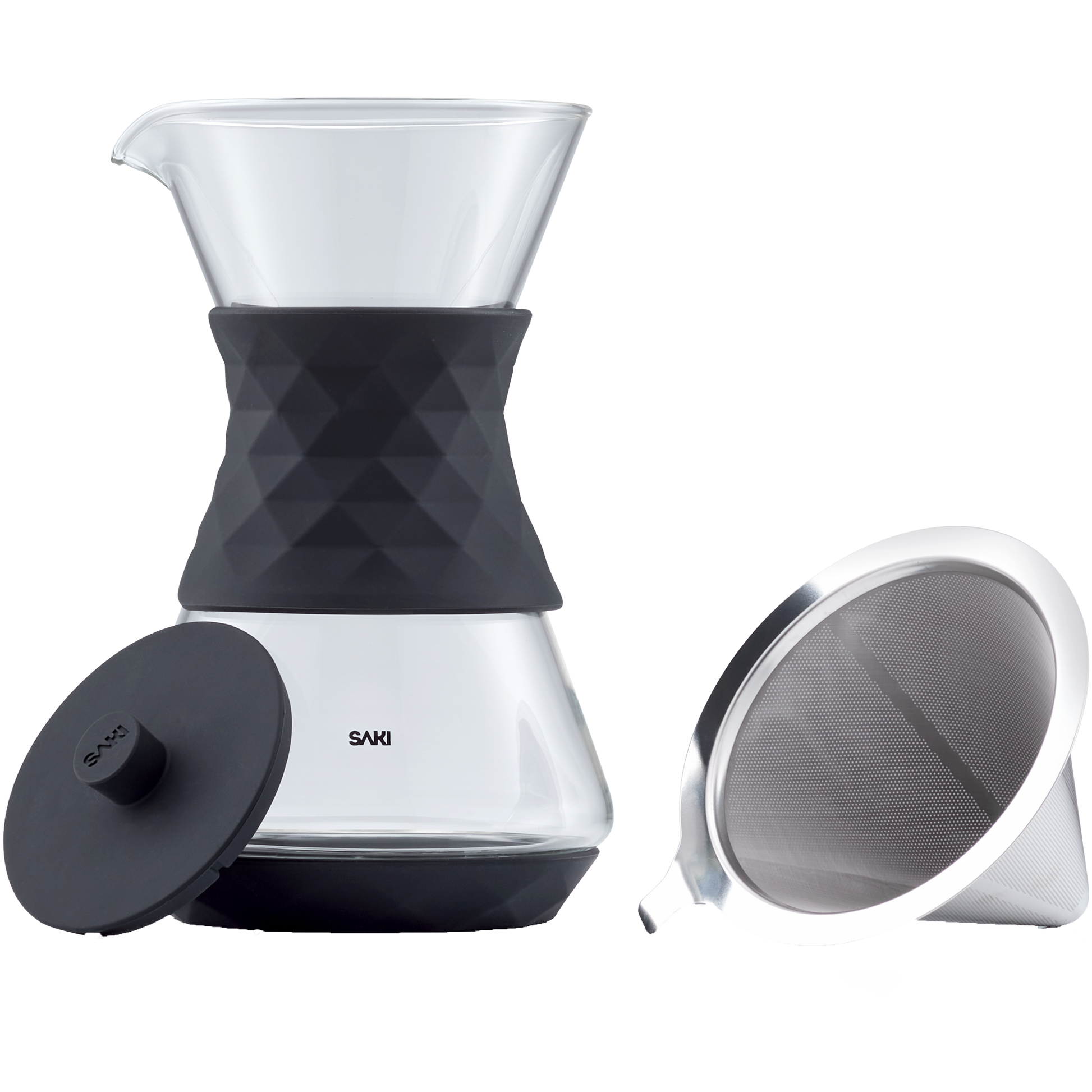 Clear glass pour-over coffee maker by SAKI with a stainless steel filter and wooden handle for fresh brewed coffee.