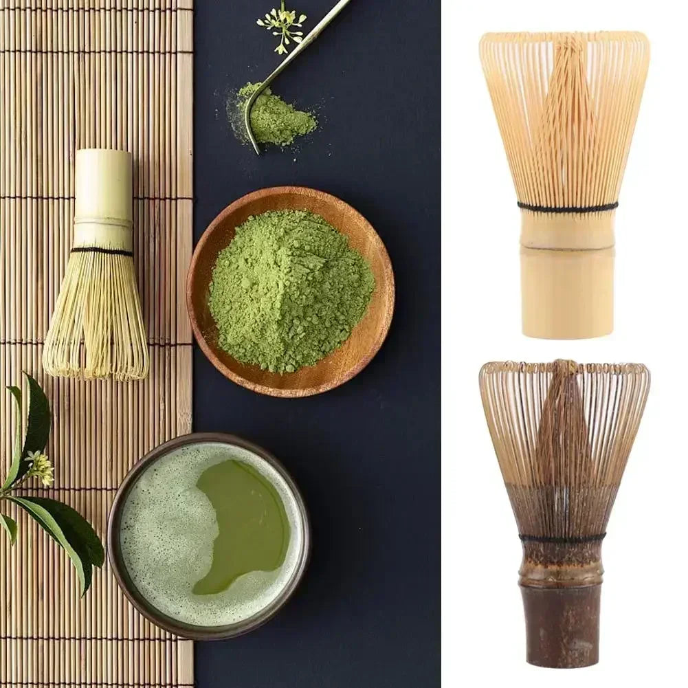 Perfecsy Japanese bamboo matcha whisk with green tea powder, traditional chasen tool for preparing matcha tea, tea accessories.