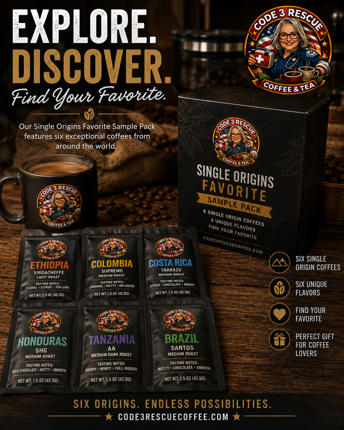 Single Origin Favorites Sample Pack from Code 3 Rescue Coffee and Tea featuring assorted roasted coffee beans in a tasting set.
