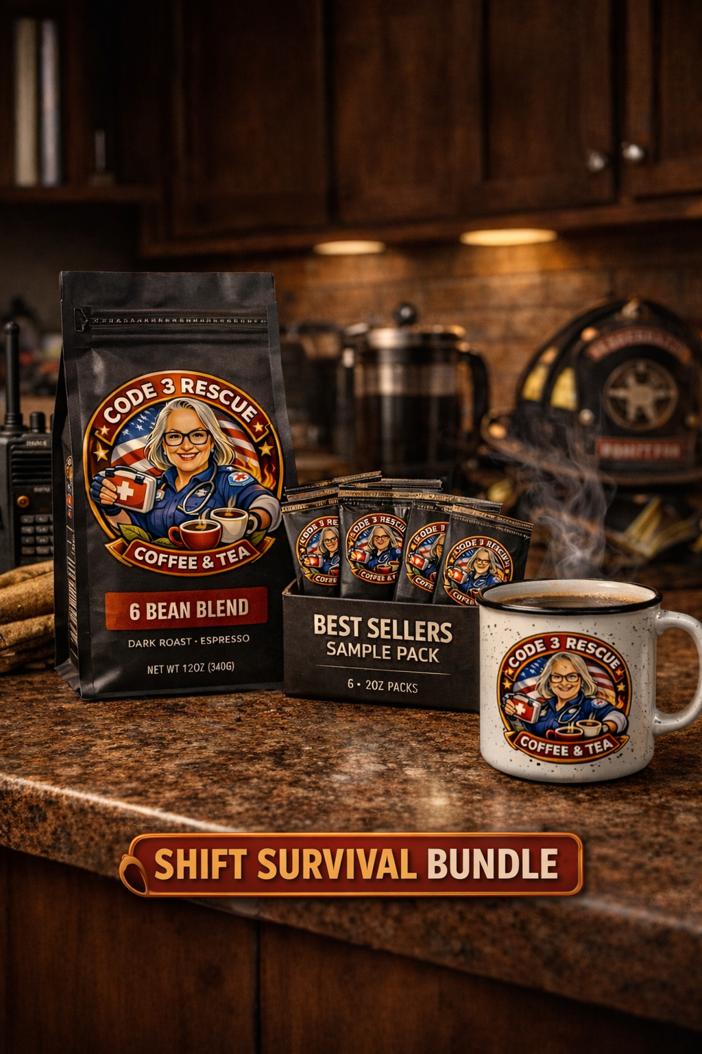 Code 3 Rescue Coffee and Tea Shift Survival Bundle featuring assorted coffee and tea in a vibrant, convenient package.