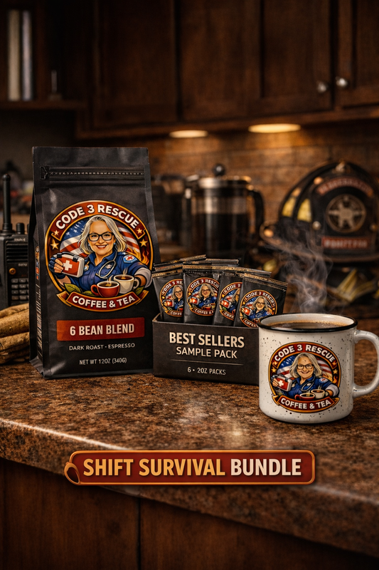 Code 3 Rescue Coffee and Tea Shift Survival Bundle featuring assorted coffee and tea in a vibrant, convenient package.