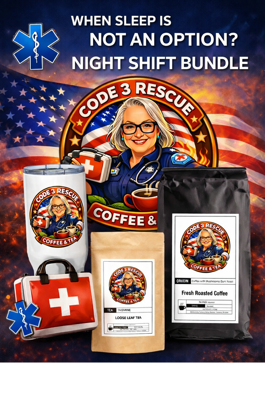 Night Shift Bundle by Code 3 Rescue Coffee and Tea, featuring energizing coffee and tea products for late-night shifts.