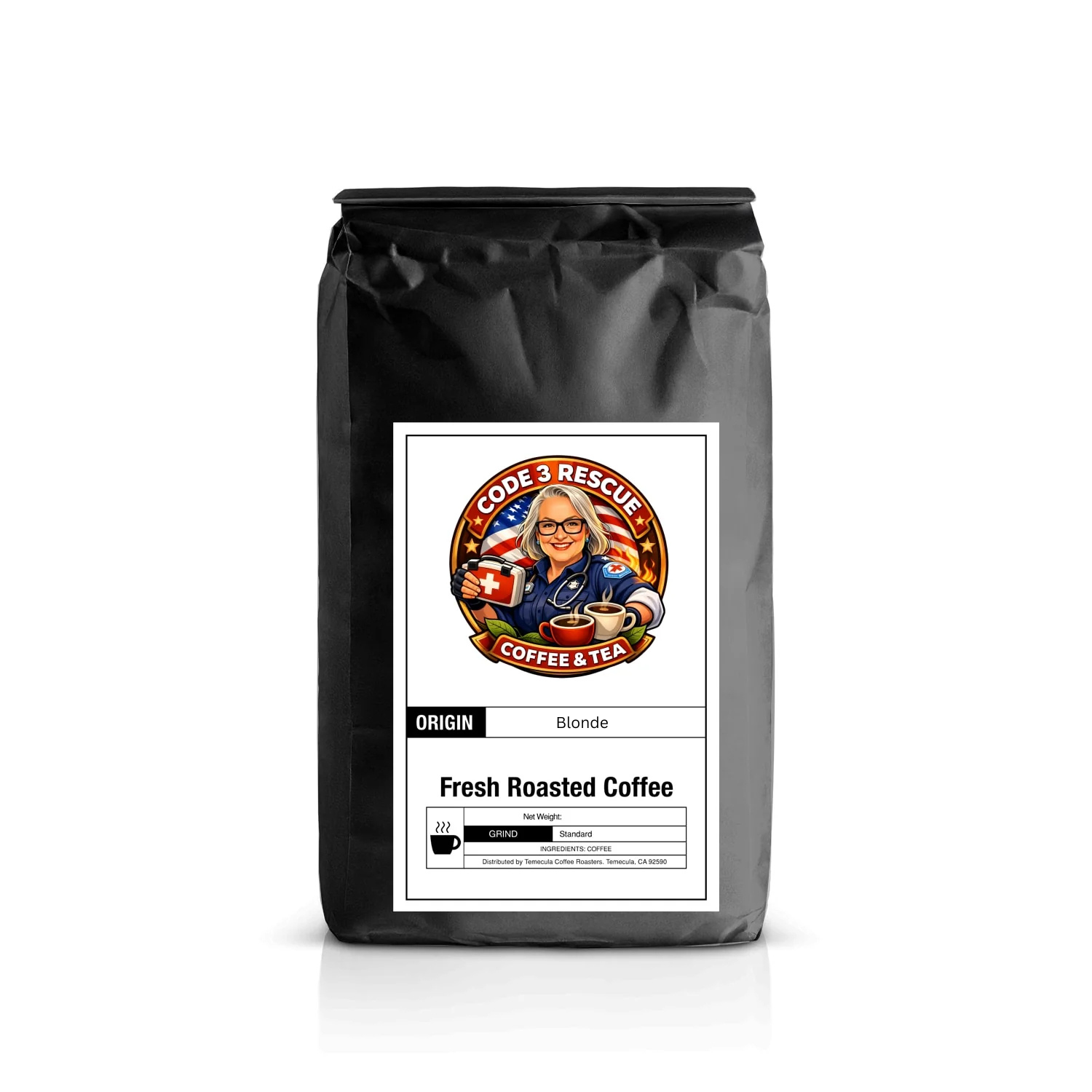 Code 3 Rescue Coffee Blonde blend in a clear bag, showcasing light roasted coffee beans and the smooth, flavorful coffee inside.