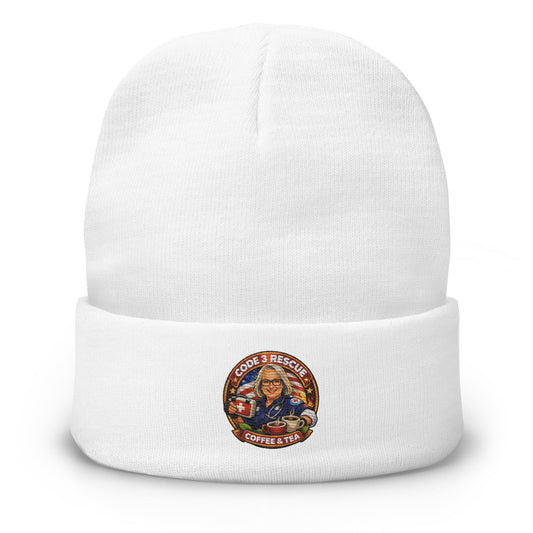 Black embroidered beanie by Code 3 Rescue Coffee and Tea with detailed embroidery design.
