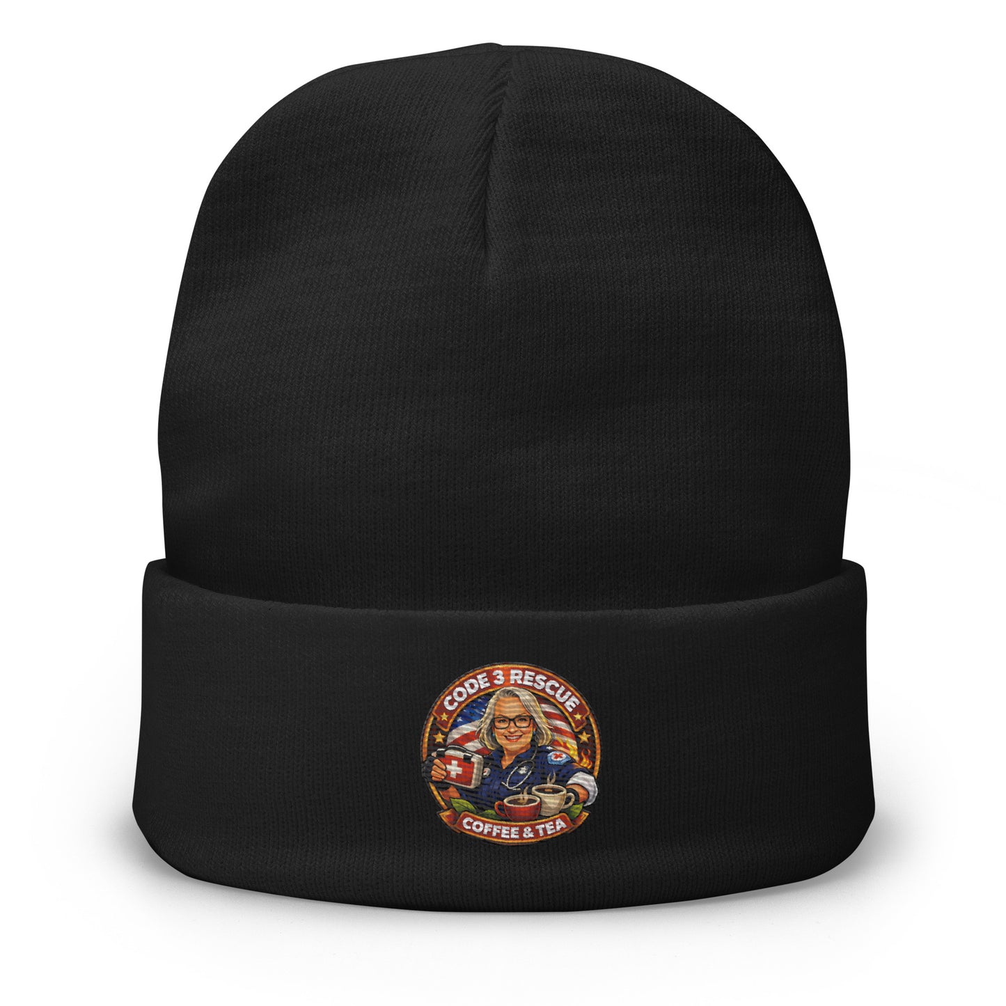 Black embroidered beanie with rescue coffee and tea embroidery from Code 3 Rescue Coffee and Tea.