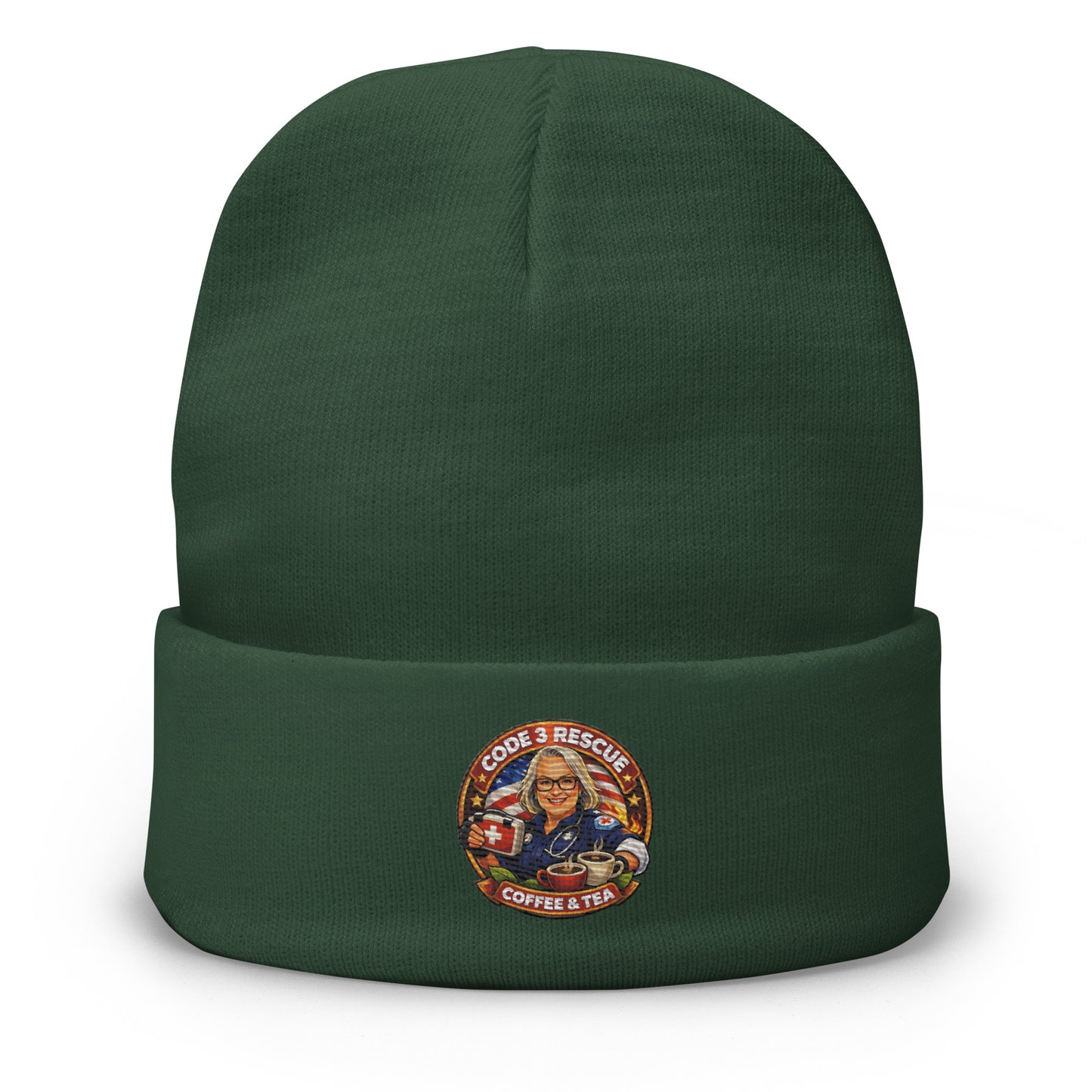Black embroidered beanie by Code 3 Rescue Coffee and Tea with detailed rescue-themed embroidery.