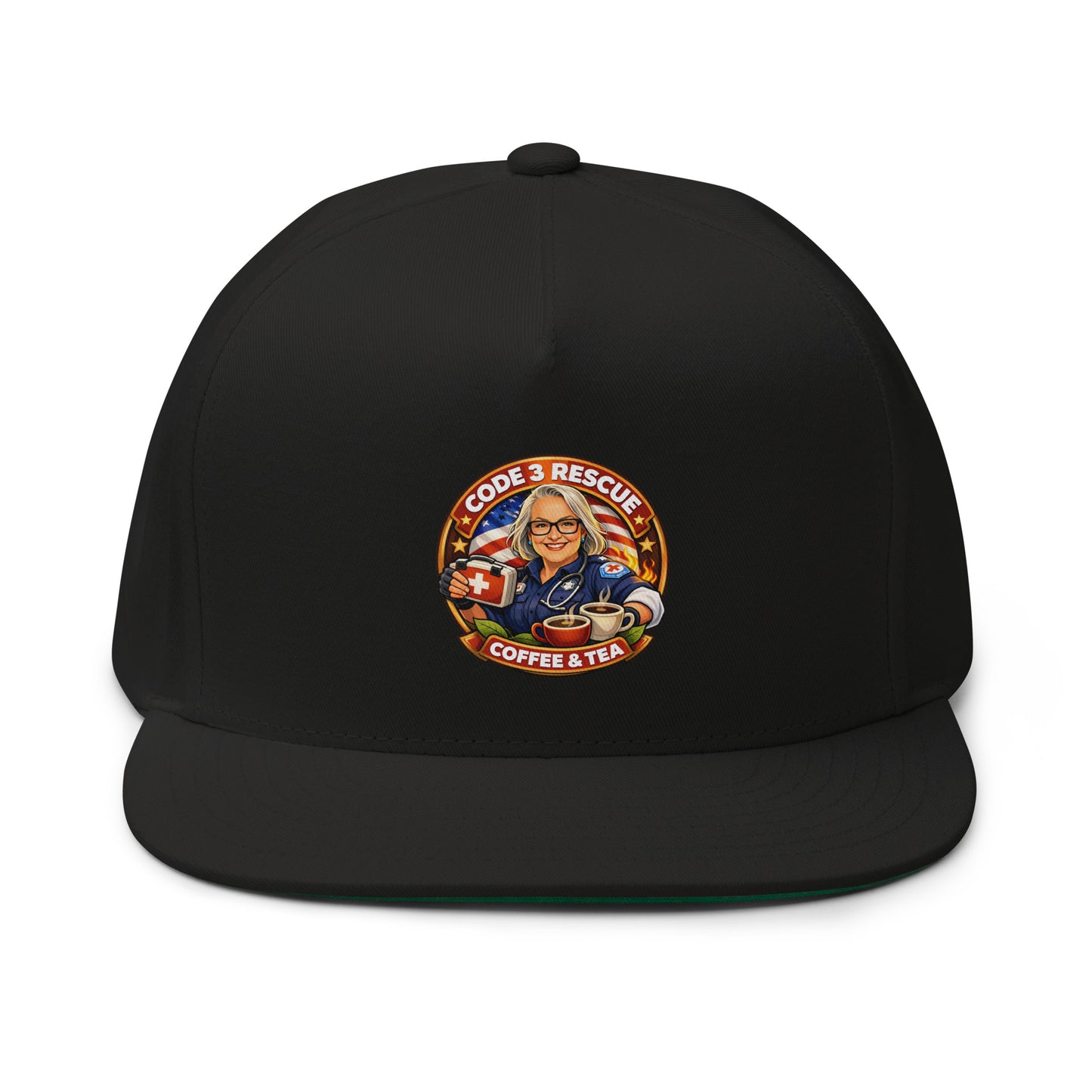 Black flat bill cap with embroidered design from Code 3 Rescue Coffee and Tea, casual accessory for everyday wear.