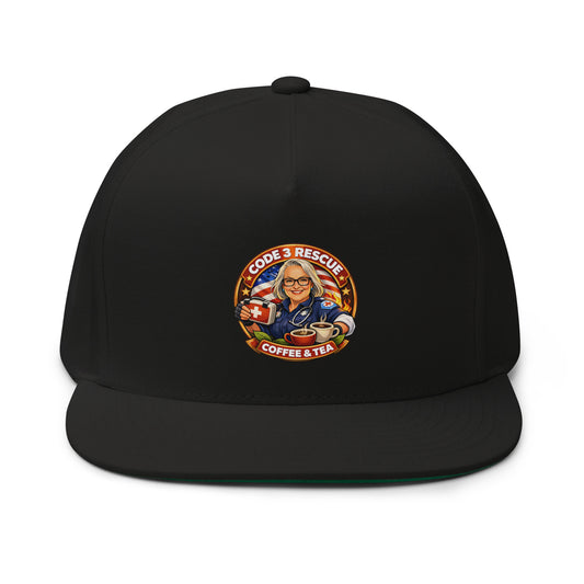 Black flat bill cap with embroidered design from Code 3 Rescue Coffee and Tea, casual accessory for everyday wear.