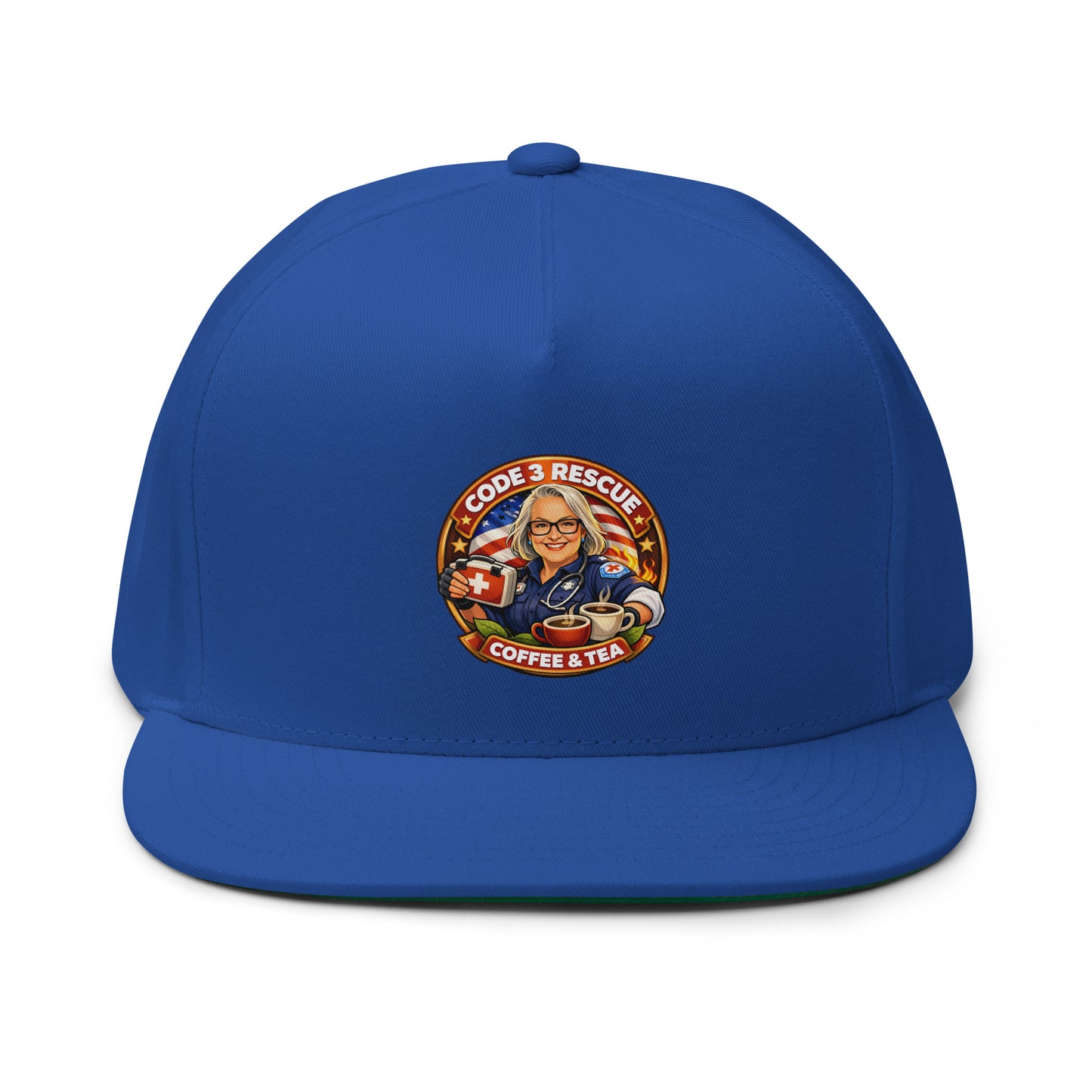 Black flat bill cap with embroidery from Code 3 Rescue Coffee and Tea, featuring detailed stitched design on front.