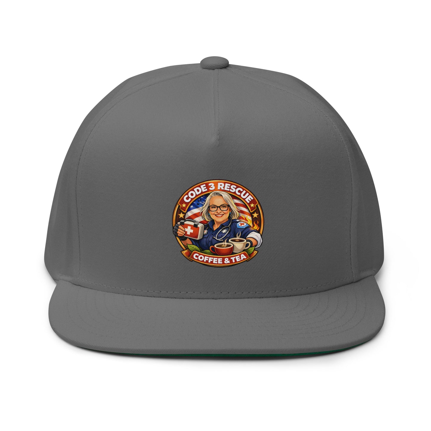 Black flat bill cap with embroidered logo from Code 3 Rescue Coffee and Tea, casual headwear with stitched design.
