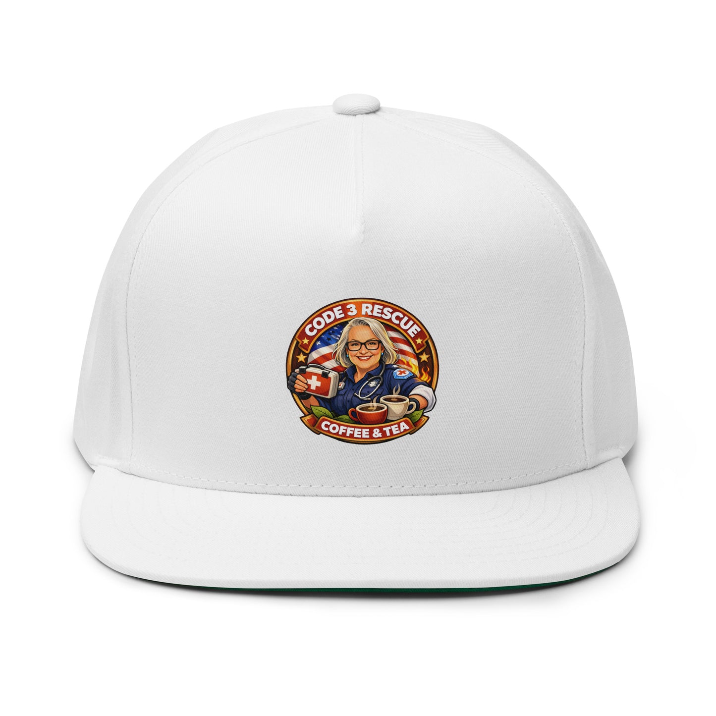 Black flat bill cap with embroidered logo from Code 3 Rescue Coffee and Tea, casual accessory with front embroidery detail.