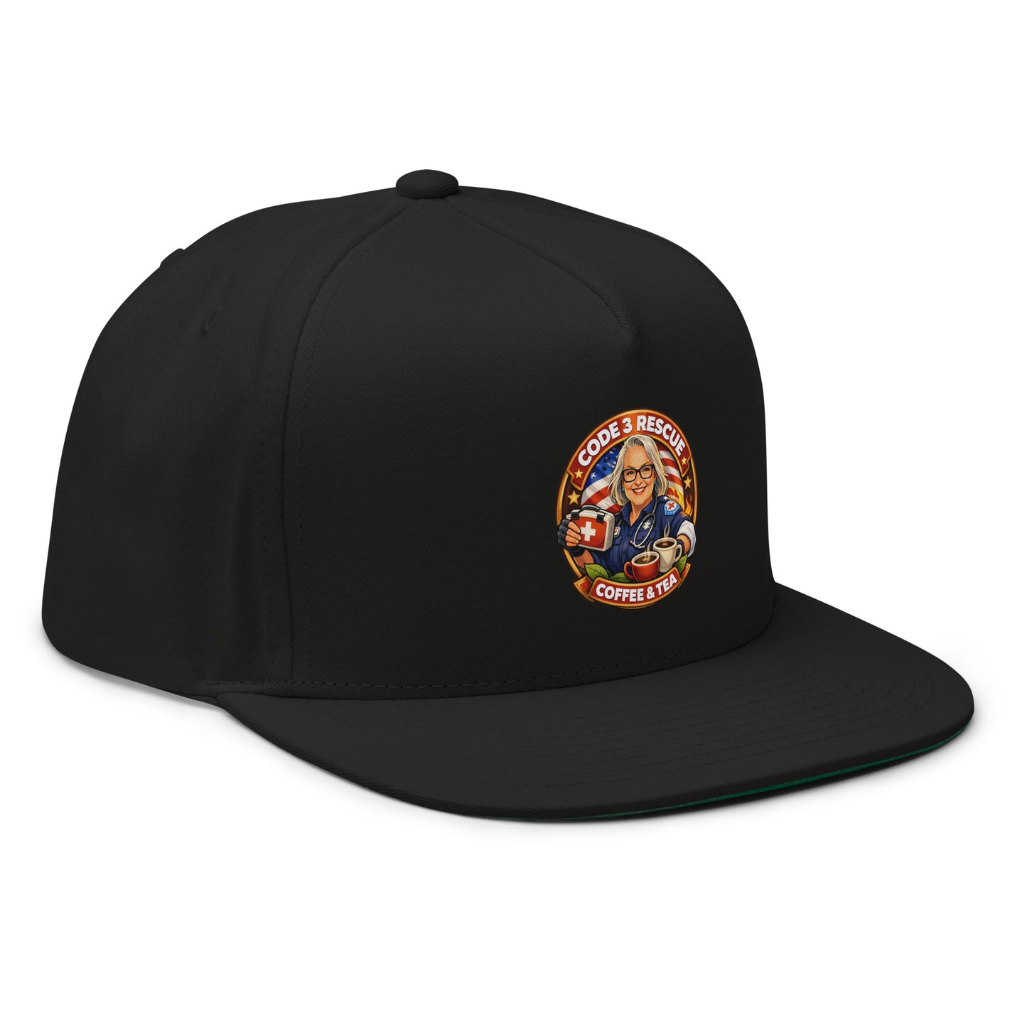 Black flat bill cap with embroidery featuring the Code 3 Rescue Coffee and Tea logo, casual and stylish headwear.