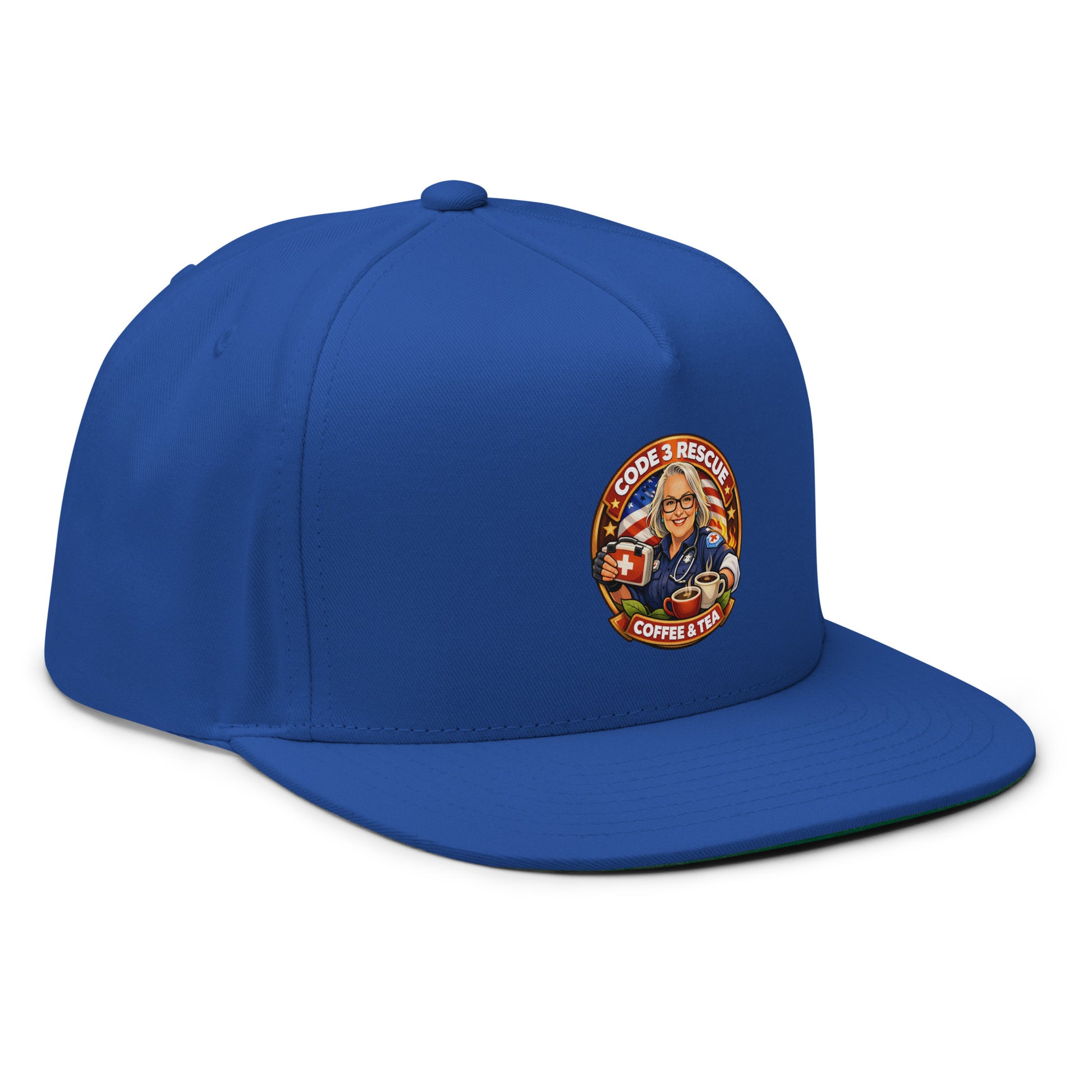 Black flat bill cap with embroidered logo from Code 3 Rescue Coffee and Tea, casual headwear with a structured design.