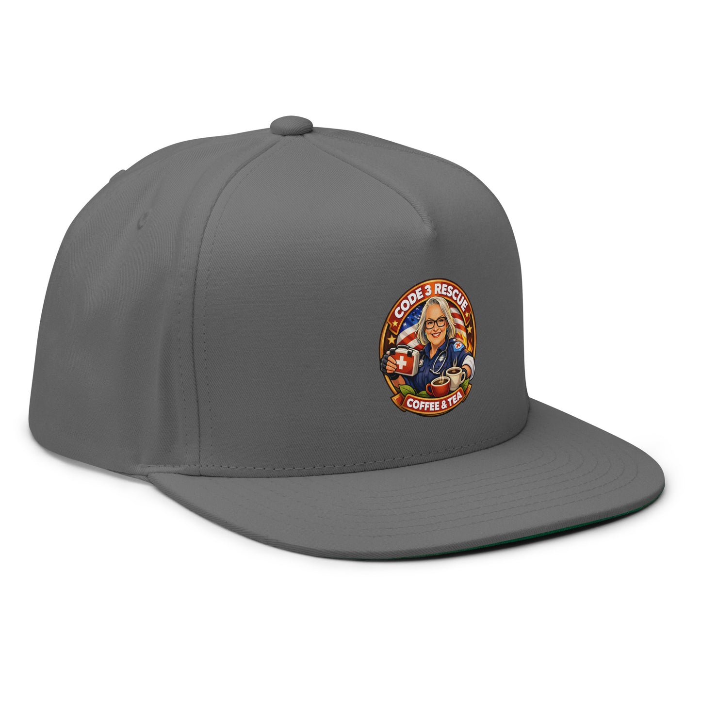 Black flat bill cap with embroidered design from Code 3 Rescue Coffee and Tea, casual accessory with front embroidery detail.