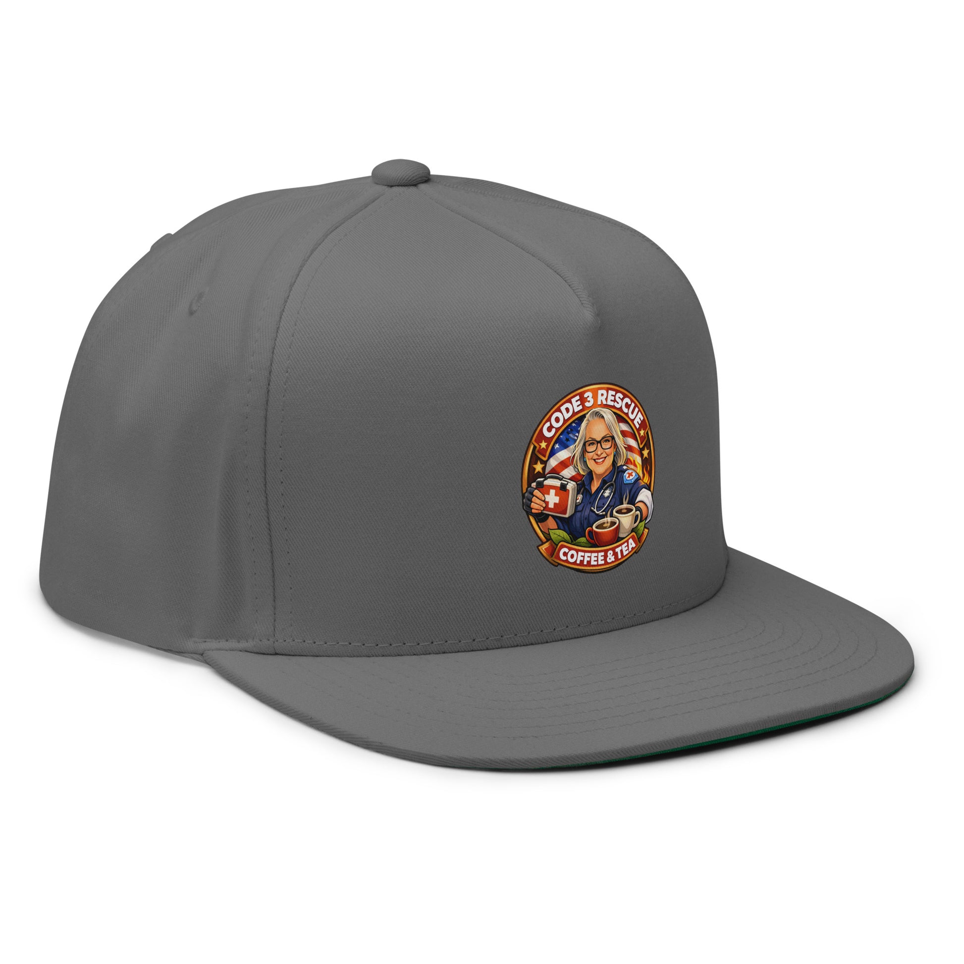 Black flat bill cap with embroidered design from Code 3 Rescue Coffee and Tea, casual accessory with front embroidery detail.