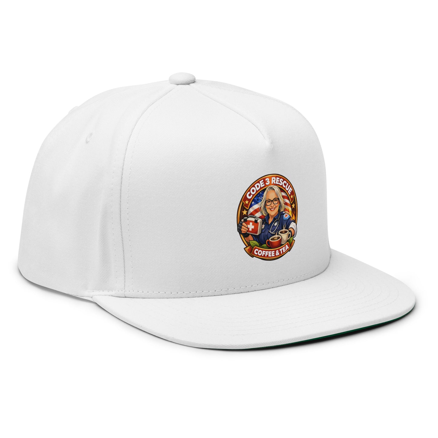 Black flat bill cap with embroidered logo from Code 3 Rescue Coffee and Tea, casual headwear accessory.