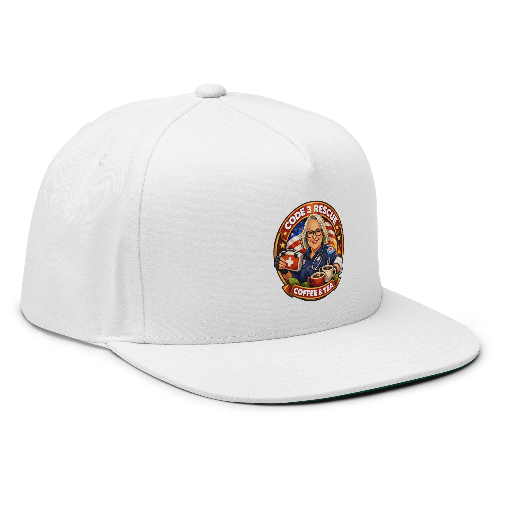 Black flat bill cap with embroidered logo from Code 3 Rescue Coffee and Tea, casual headwear accessory.