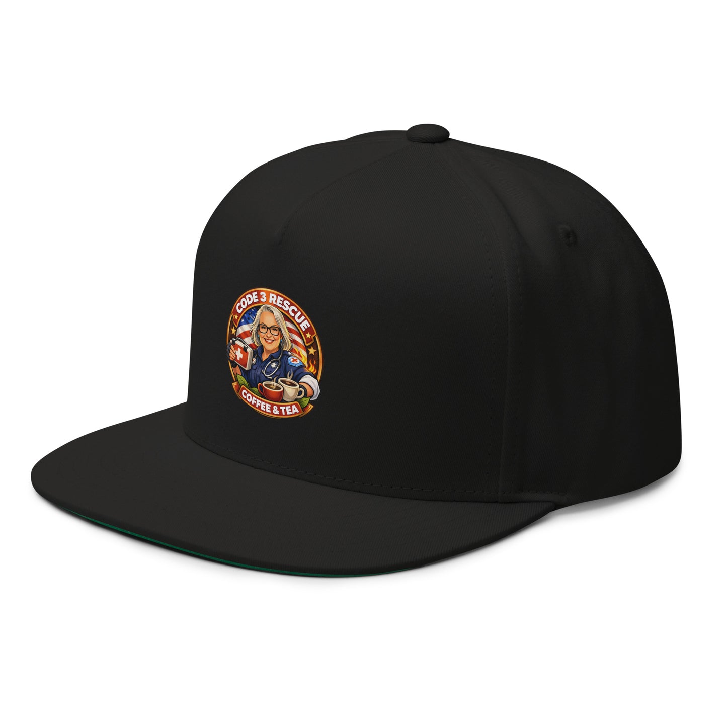 Black flat bill cap with embroidered design from Code 3 Rescue Coffee and Tea, casual headwear with stitched embroidery detail.
