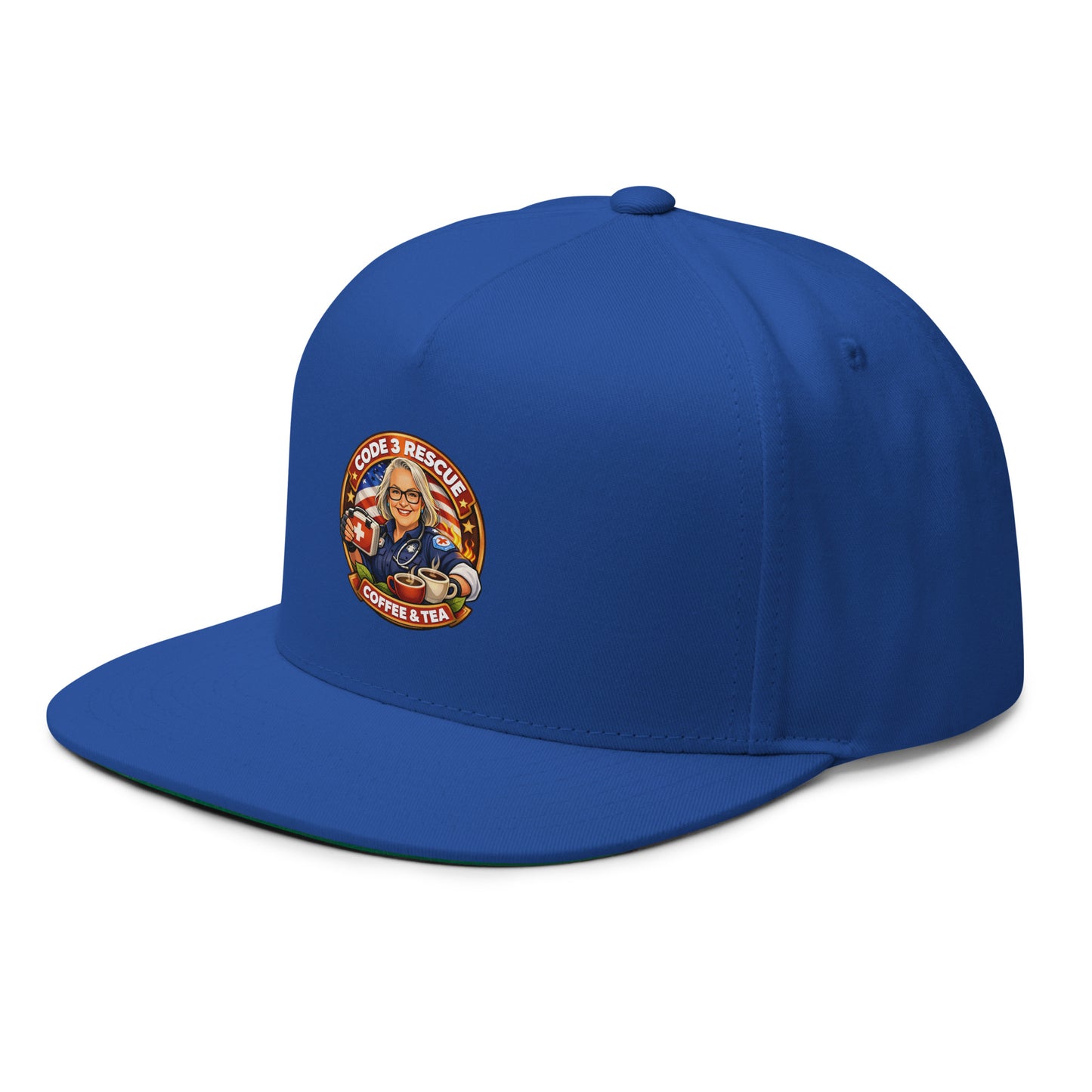 Black flat bill cap with embroidered design from Code 3 Rescue Coffee and Tea, featuring a sleek, casual style.