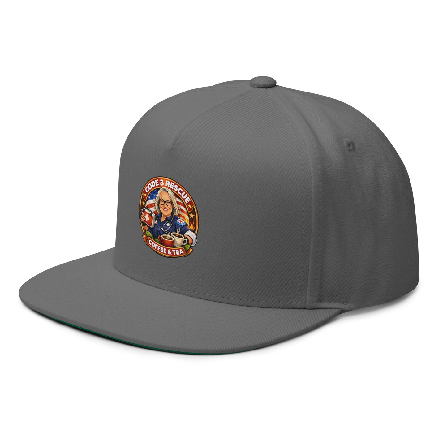 Black flat bill cap with embroidered logo from Code 3 Rescue Coffee and Tea, casual and stylish headwear.