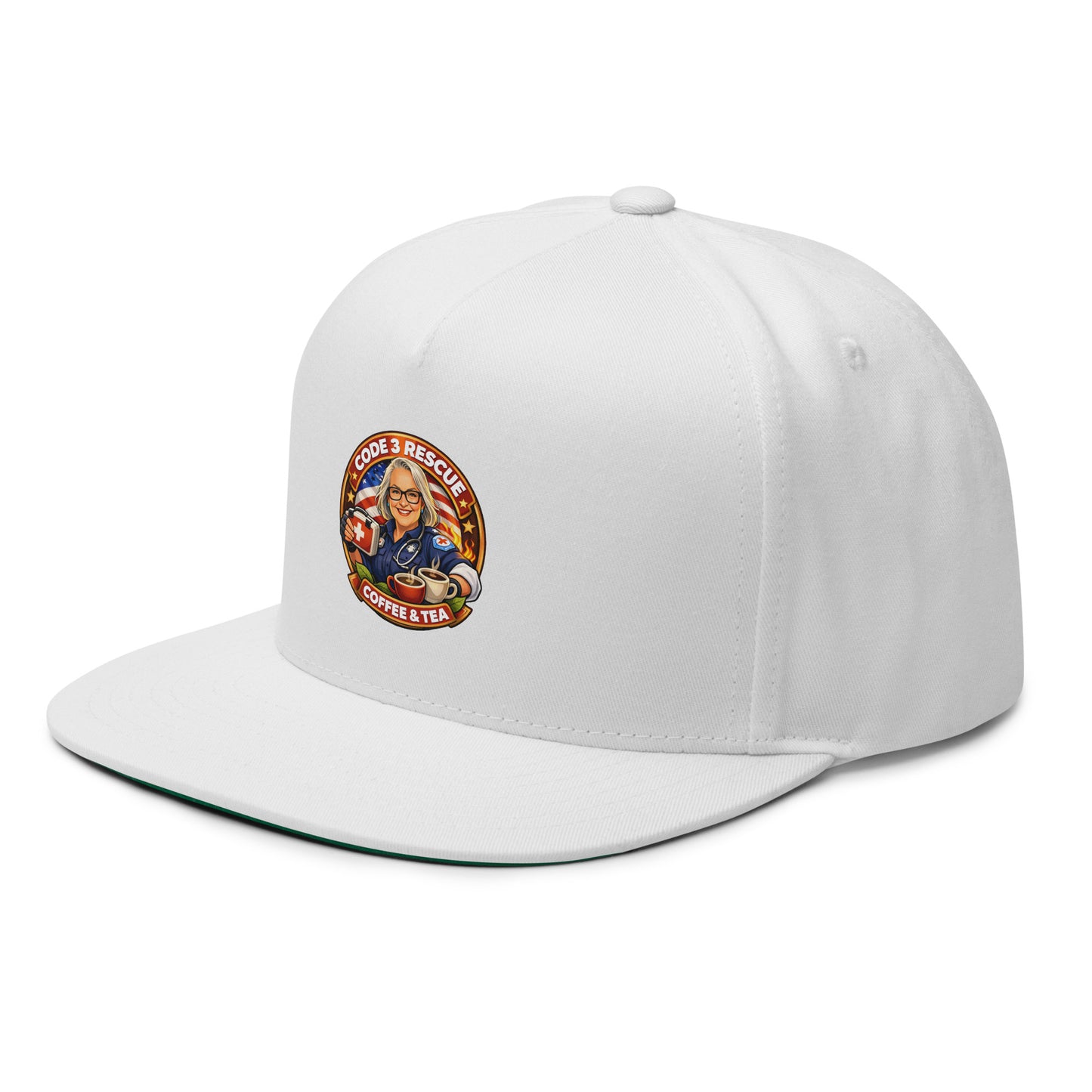 Black flat bill cap with embroidered logo from Code 3 Rescue Coffee and Tea, featuring a classic style and adjustable fit.