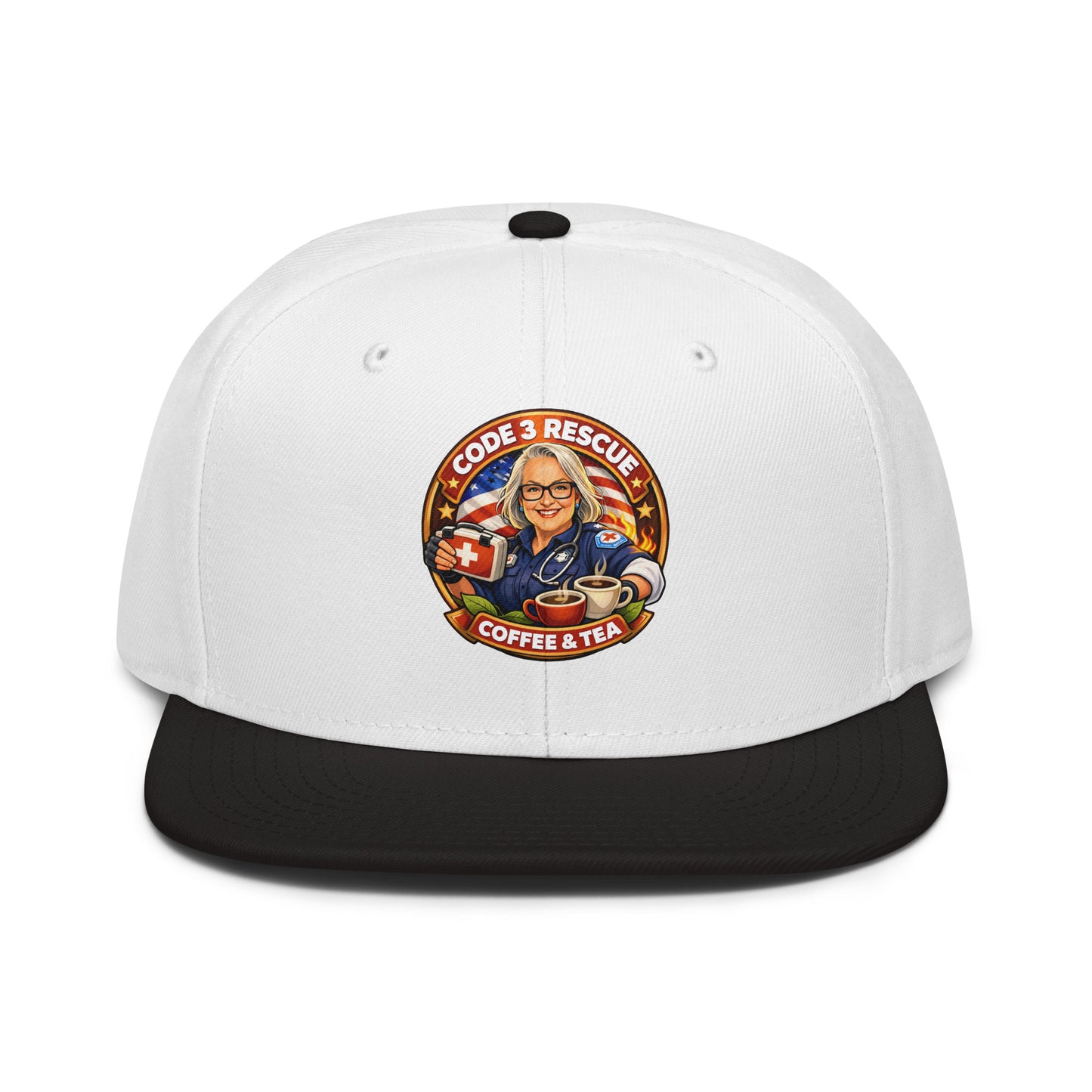 Gray and black snapback hat with embroidery featuring the Code 3 Rescue Coffee and Tea logo on the front.