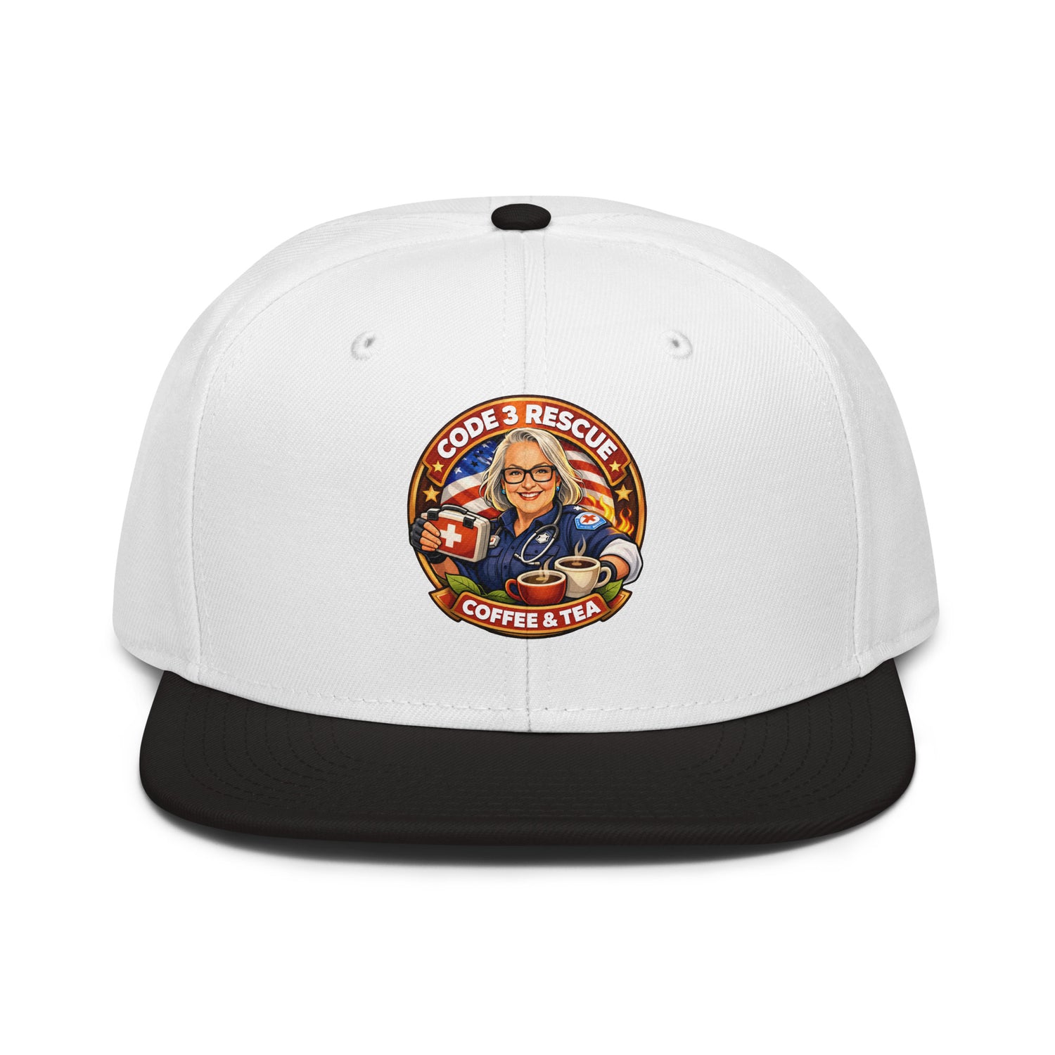 Gray and black snapback hat with embroidery featuring the Code 3 Rescue Coffee and Tea logo on the front.