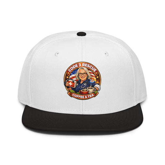 Gray and black snapback hat with embroidery featuring the Code 3 Rescue Coffee and Tea logo on the front.