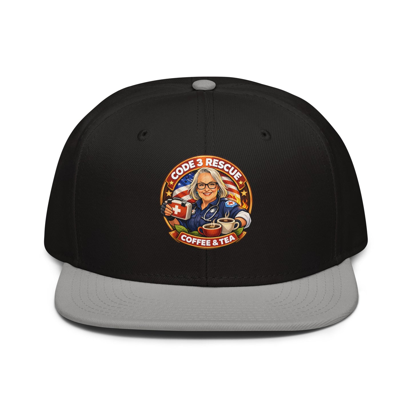 Gray and black snapback hat with embroidered logo from Code 3 Rescue Coffee and Tea, stylish and adjustable headwear.