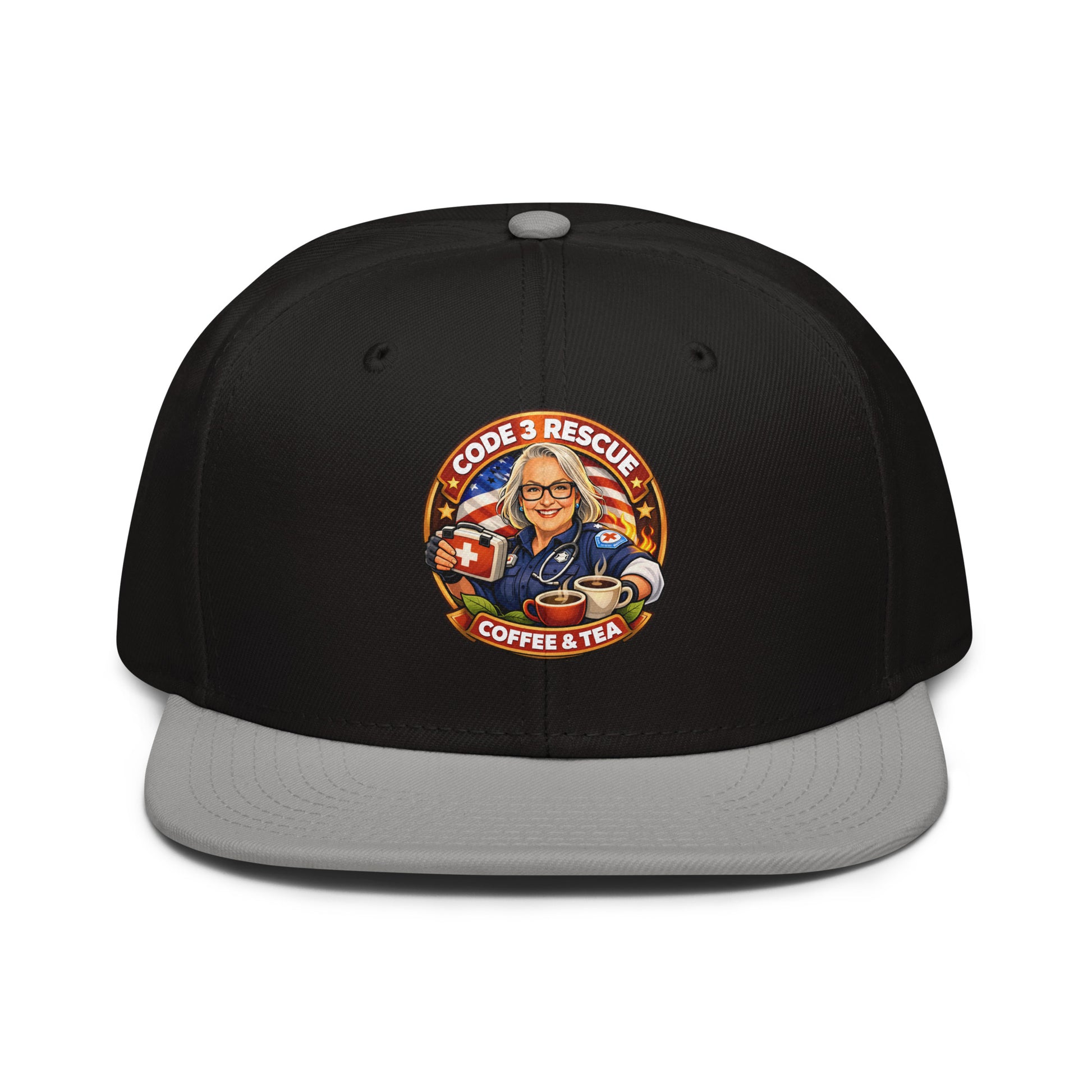 Gray and black snapback hat with embroidered logo from Code 3 Rescue Coffee and Tea, stylish and adjustable headwear.