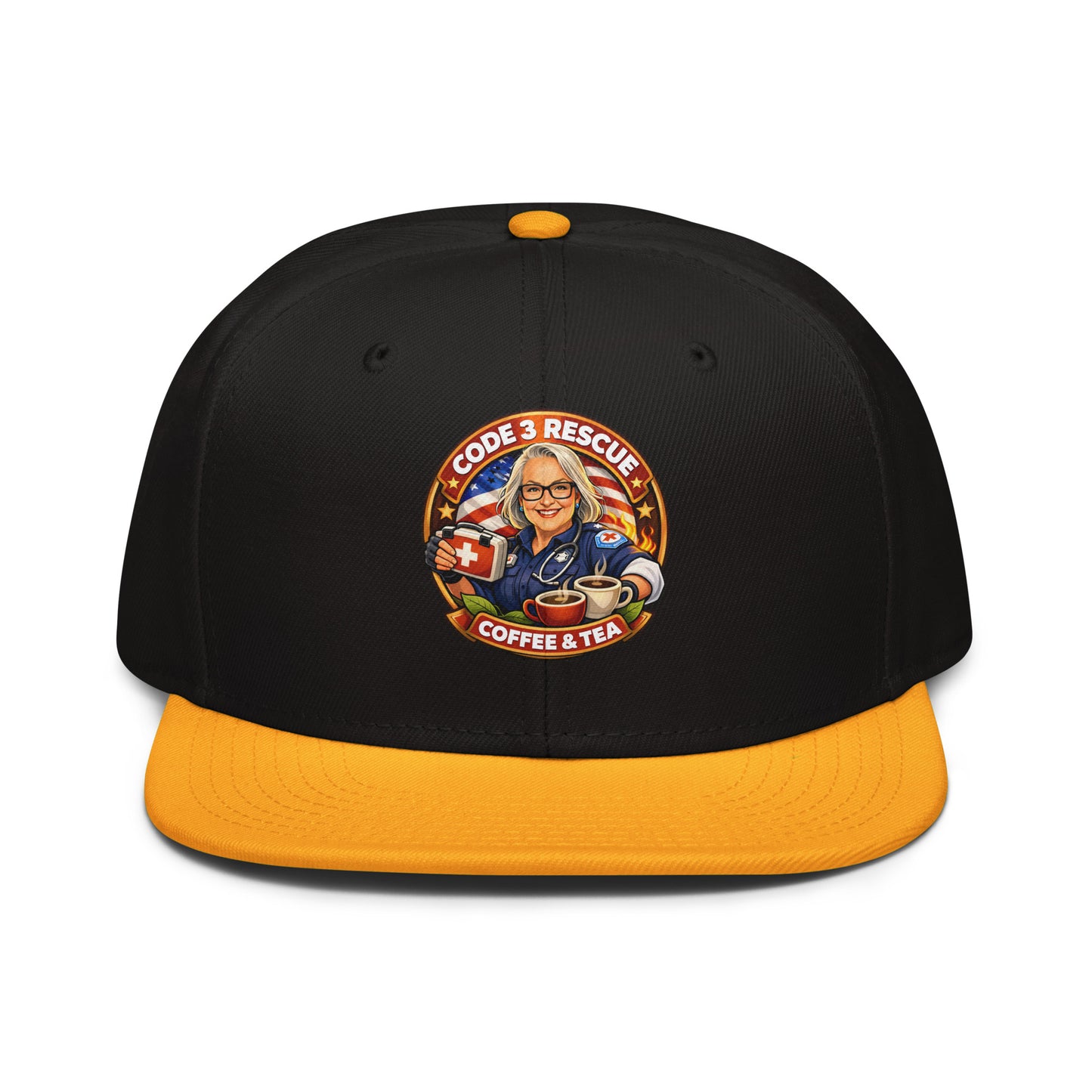 Gray and black snapback hat with embroidered logo from Code 3 Rescue Coffee and Tea, stylish and casual headwear.