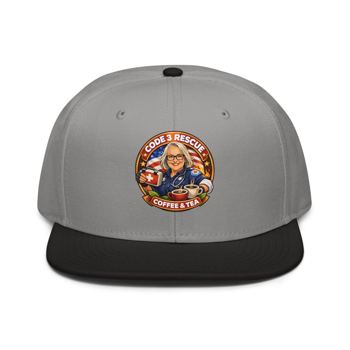 Gray and black snapback hat with embroidered logo from Code 3 Rescue Coffee and Tea. Stylish and casual headwear.