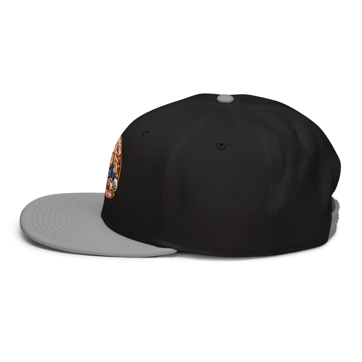 Gray and black snapback hat with embroidered design from Code 3 Rescue Coffee and Tea, showcasing detailed stitching and branding.