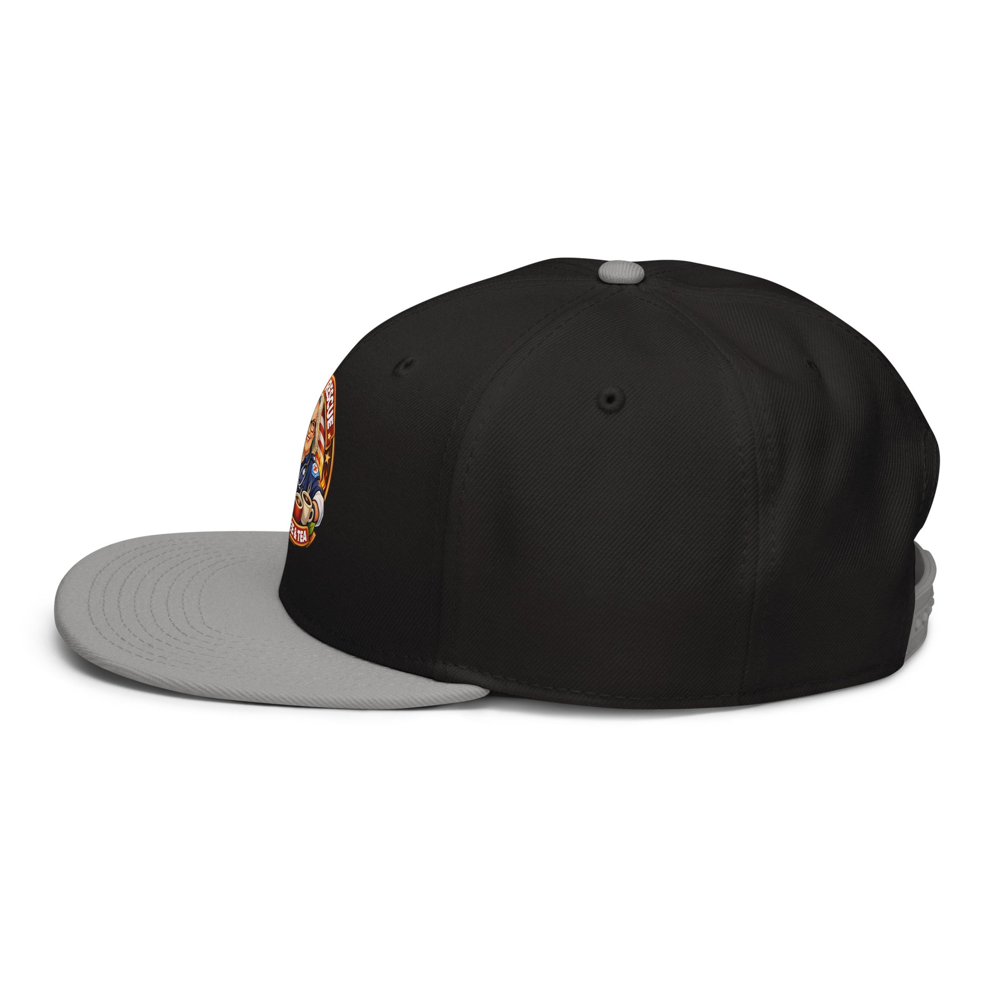 Gray and black snapback hat with embroidered design from Code 3 Rescue Coffee and Tea, showcasing detailed stitching and branding.