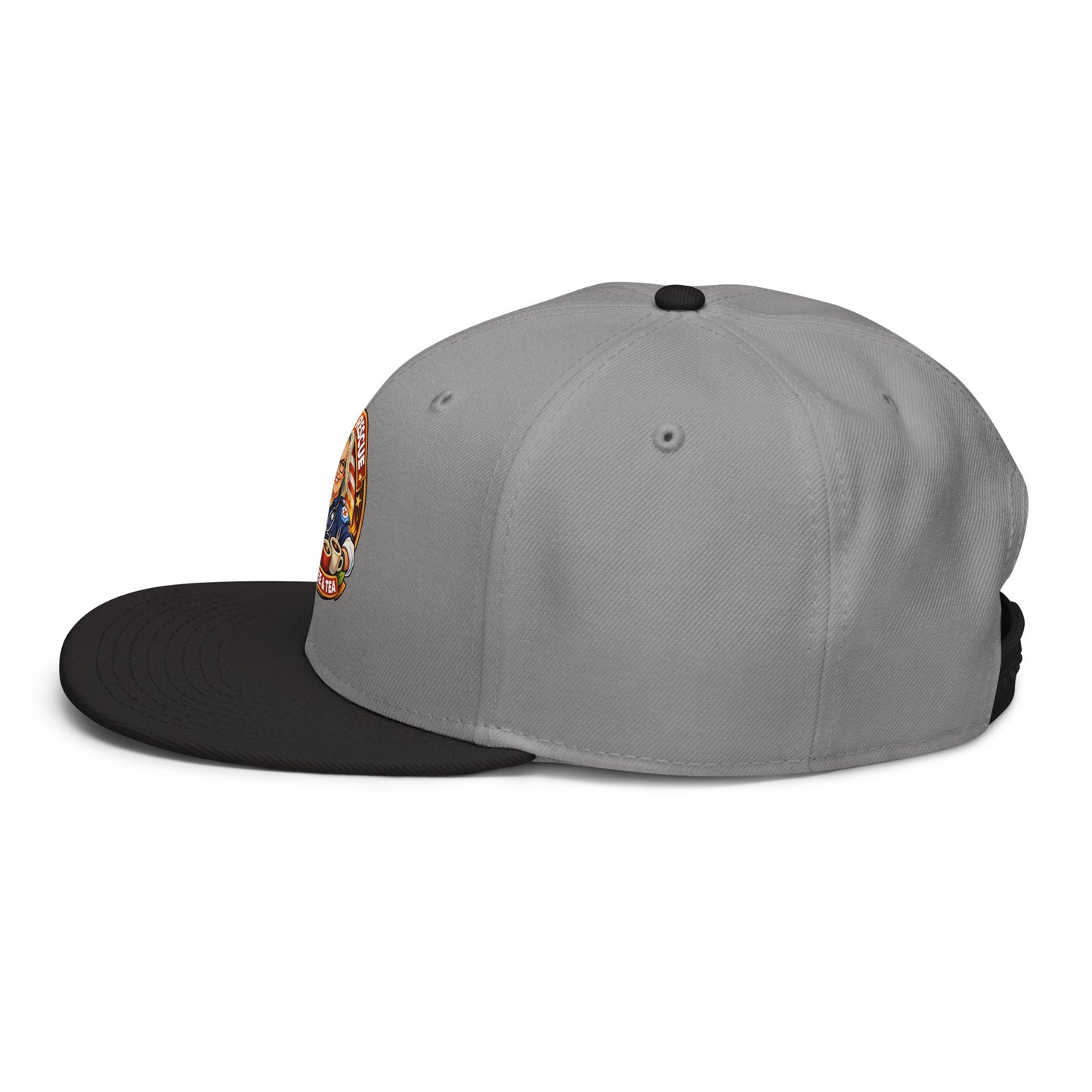 Gray and black snapback hat with embroidered logo from Code 3 Rescue Coffee and Tea, featuring a classic adjustable design.