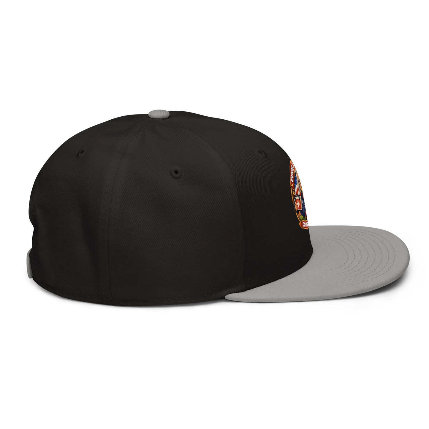 Gray and black snapback hat with embroidered logo from Code 3 Rescue Coffee and Tea, casual headwear accessory.
