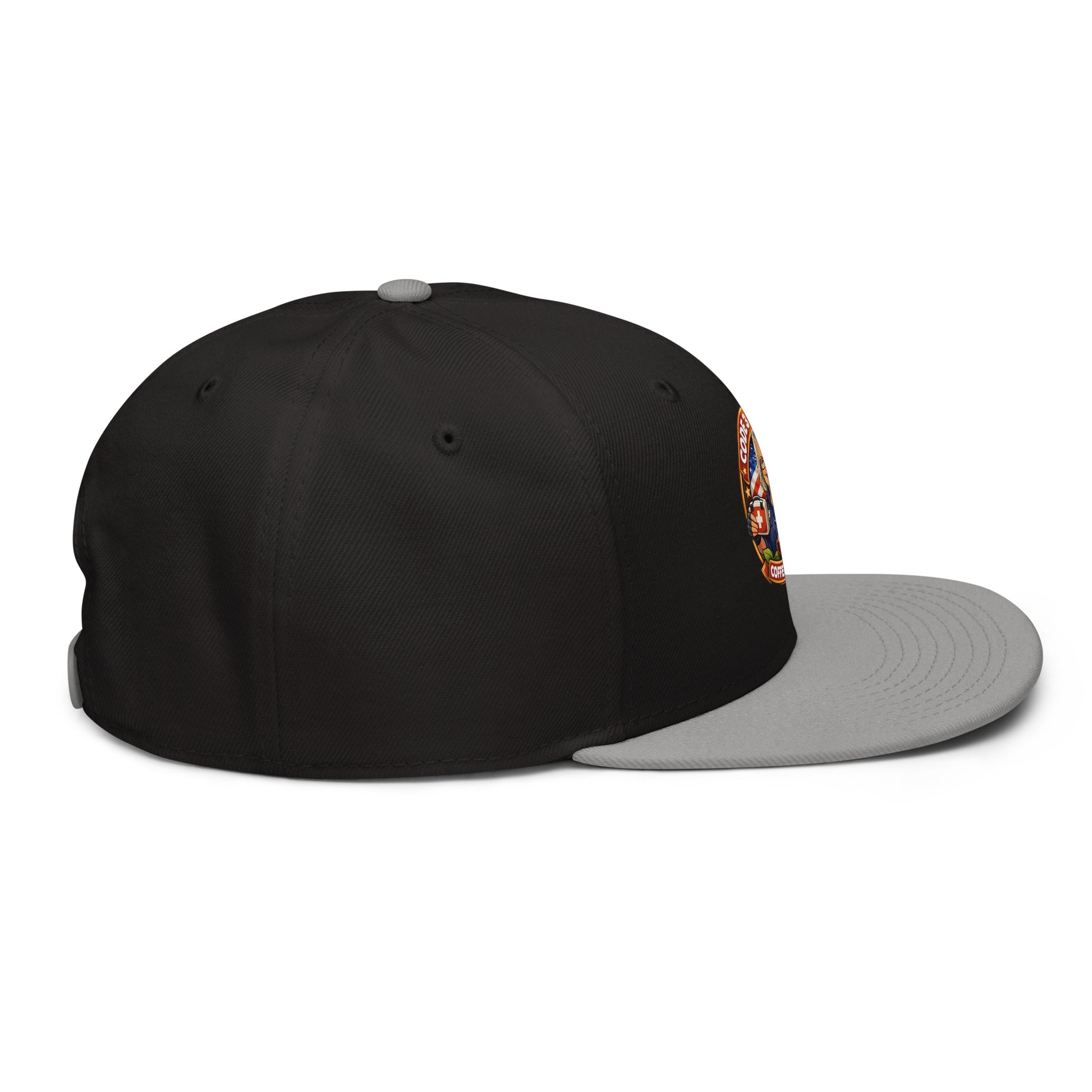 Gray and black snapback hat with embroidered logo from Code 3 Rescue Coffee and Tea, casual headwear accessory.