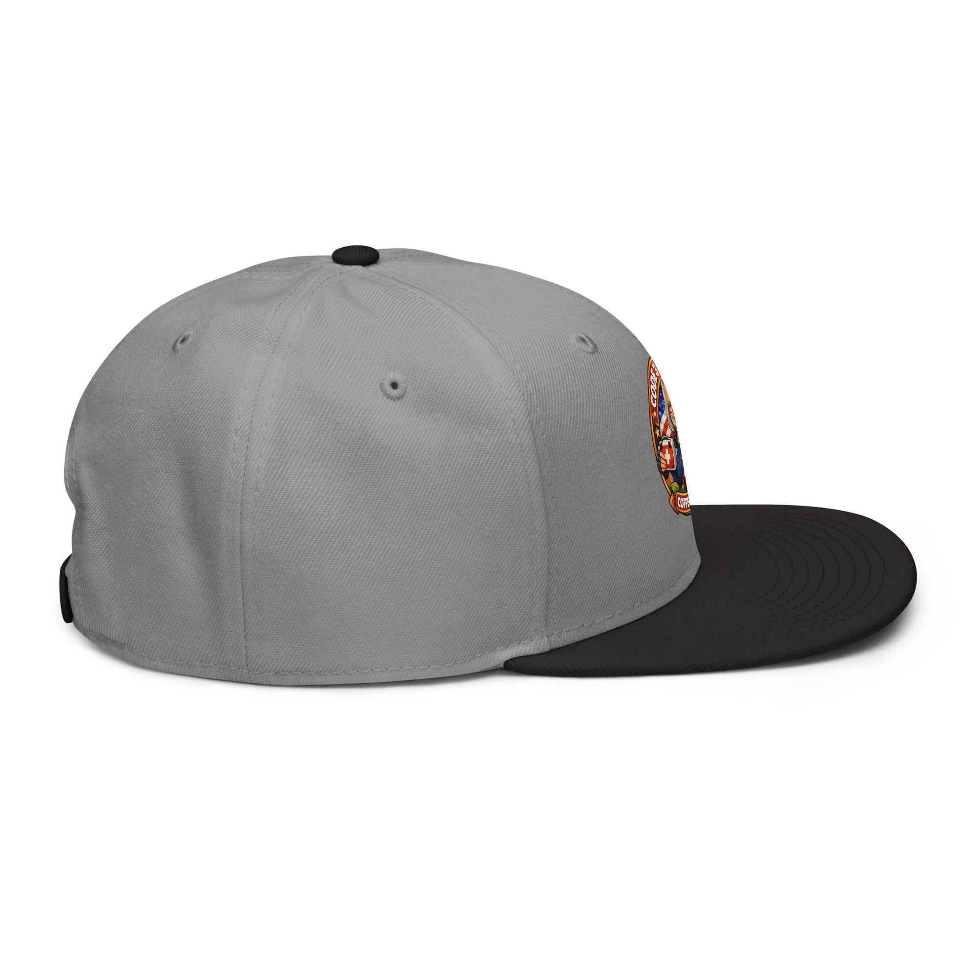 Gray and black snapback hat with embroidery featuring the Code 3 Rescue Coffee and Tea logo on the front.