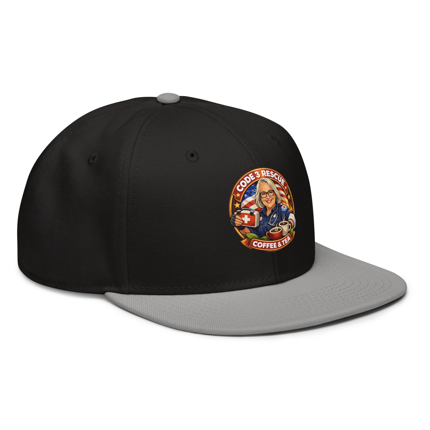 Gray and black snapback hat with embroidered design from Code 3 Rescue Coffee and Tea, featuring a stylish and casual look.