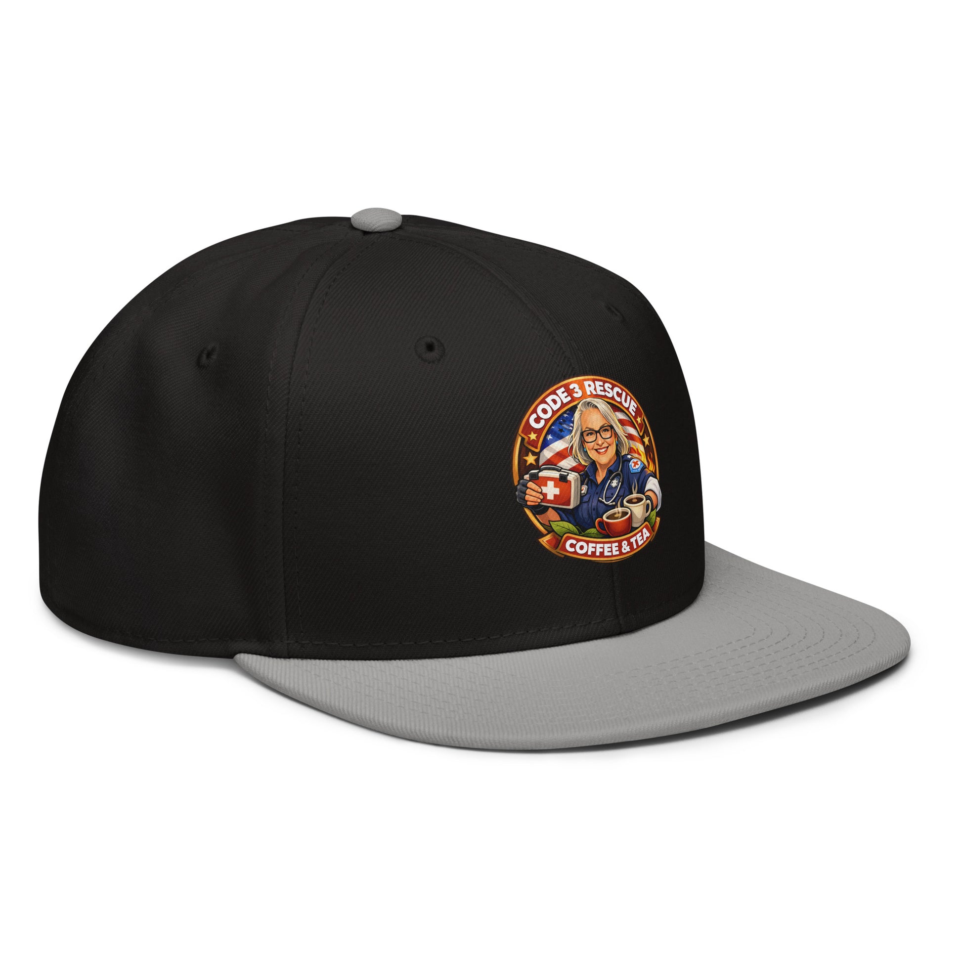 Gray and black snapback hat with embroidered design from Code 3 Rescue Coffee and Tea, featuring a stylish and casual look.