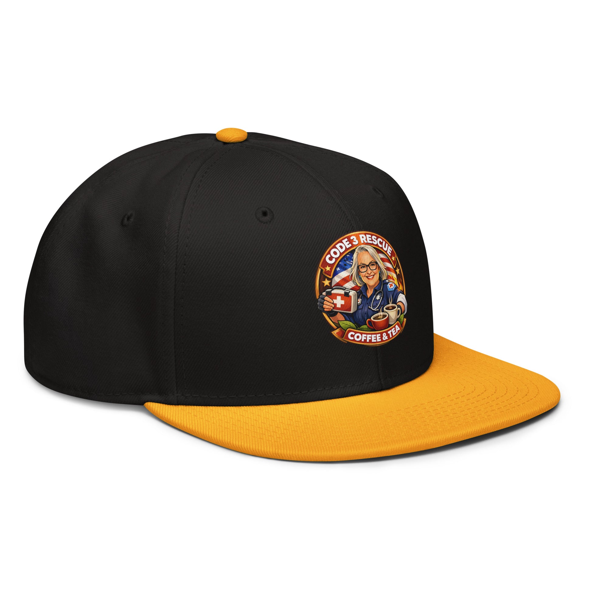 Gray and black snapback hat with embroidered logo from Code 3 Rescue Coffee and Tea, stylish and adjustable headwear.