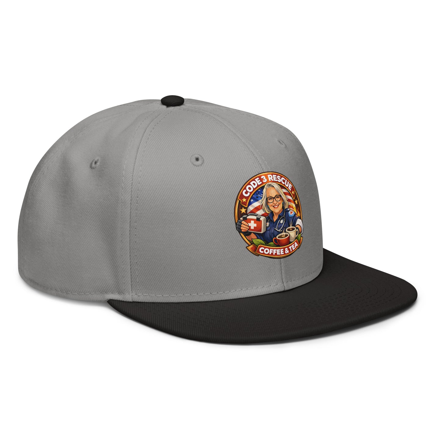 Gray and black snapback hat with embroidered logo from Code 3 Rescue Coffee and Tea, featuring a structured design and adjustable strap.