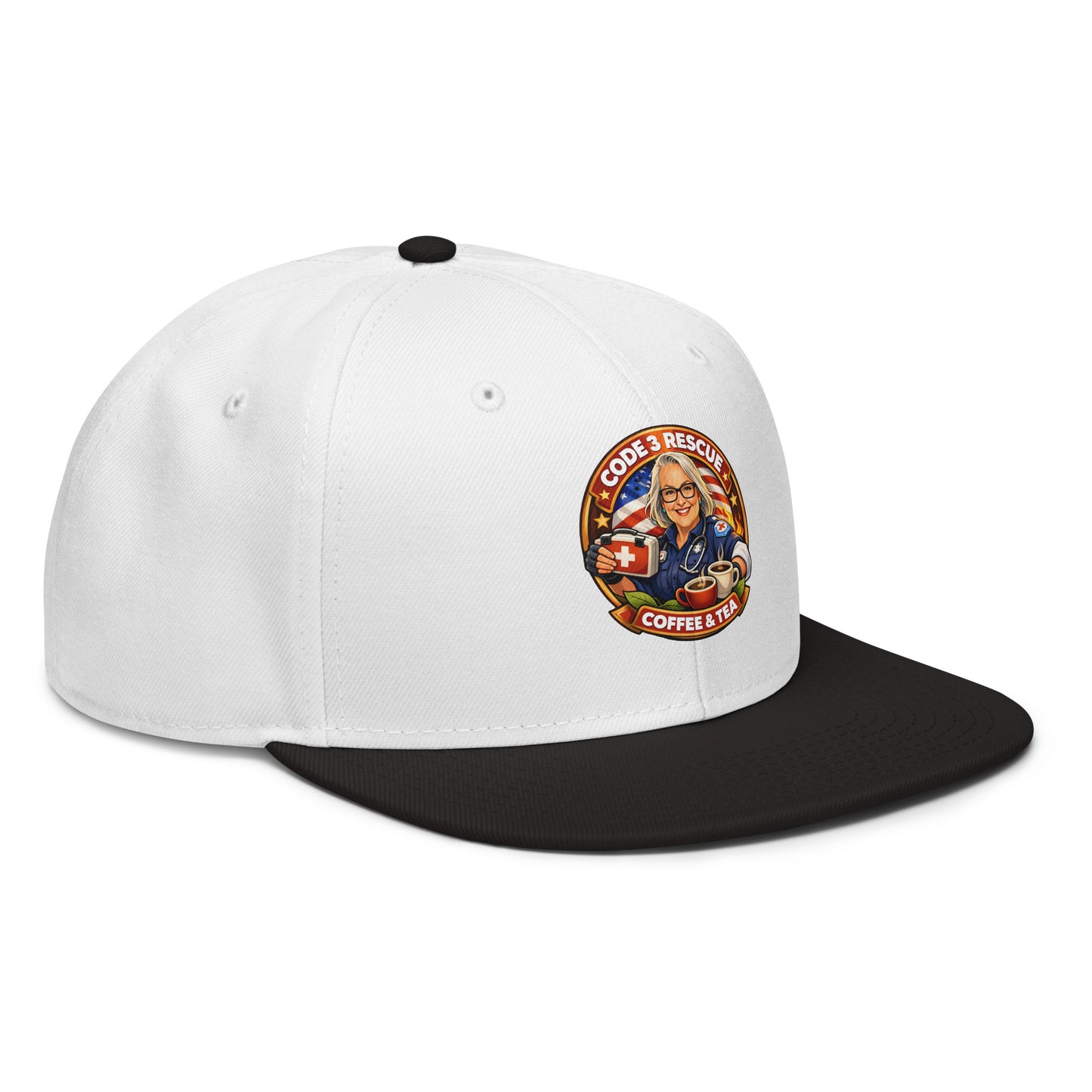 Gray and black snapback hat with embroidered logo from Code 3 Rescue Coffee and Tea, stylish and adjustable headwear.