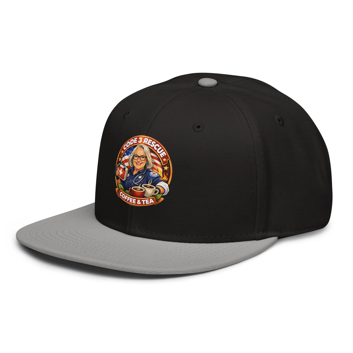 Gray and black snapback hat with embroidered logo from Code 3 Rescue Coffee and Tea featuring a stylish design.