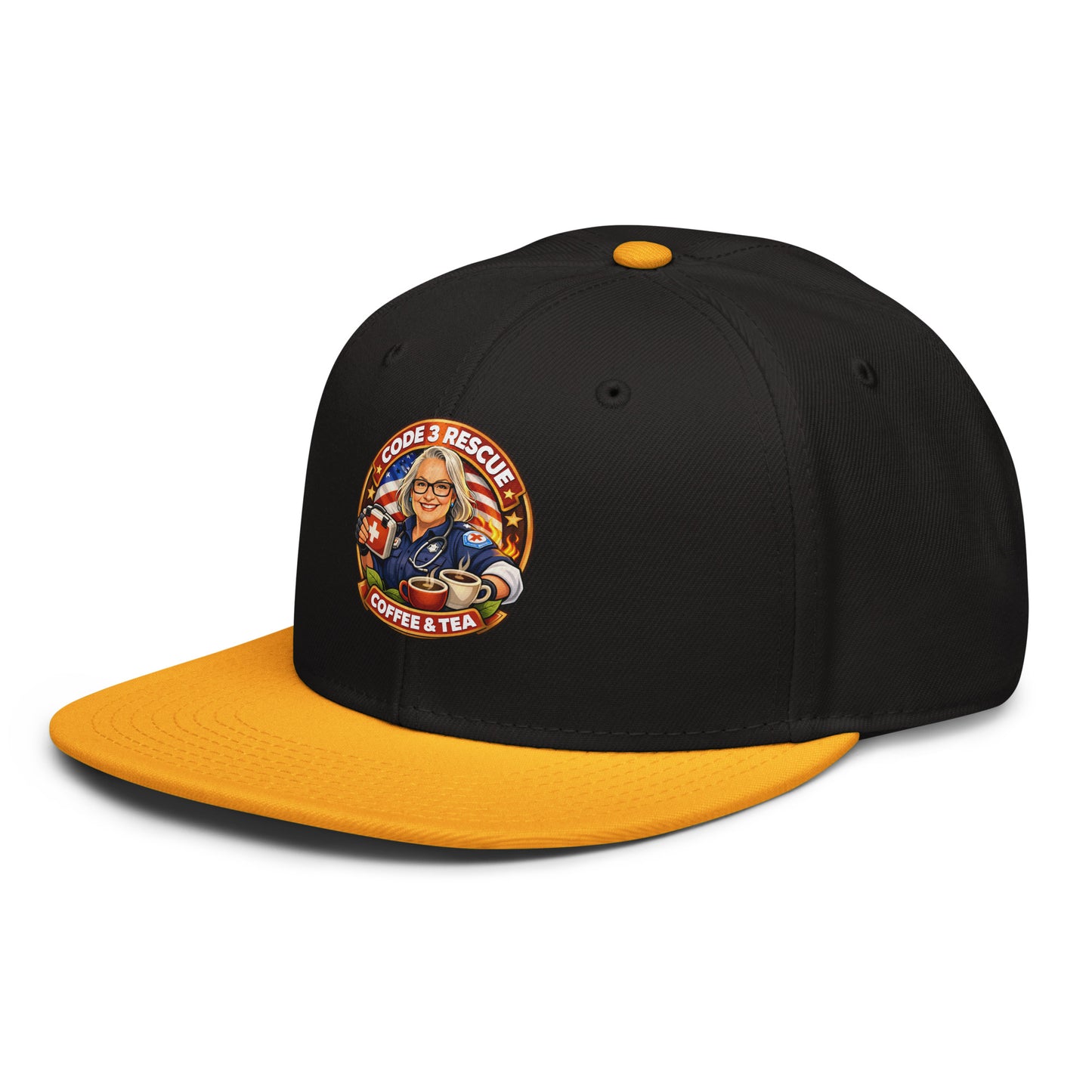 Gray and black snapback hat by Code 3 Rescue Coffee and Tea with detailed embroidery design.