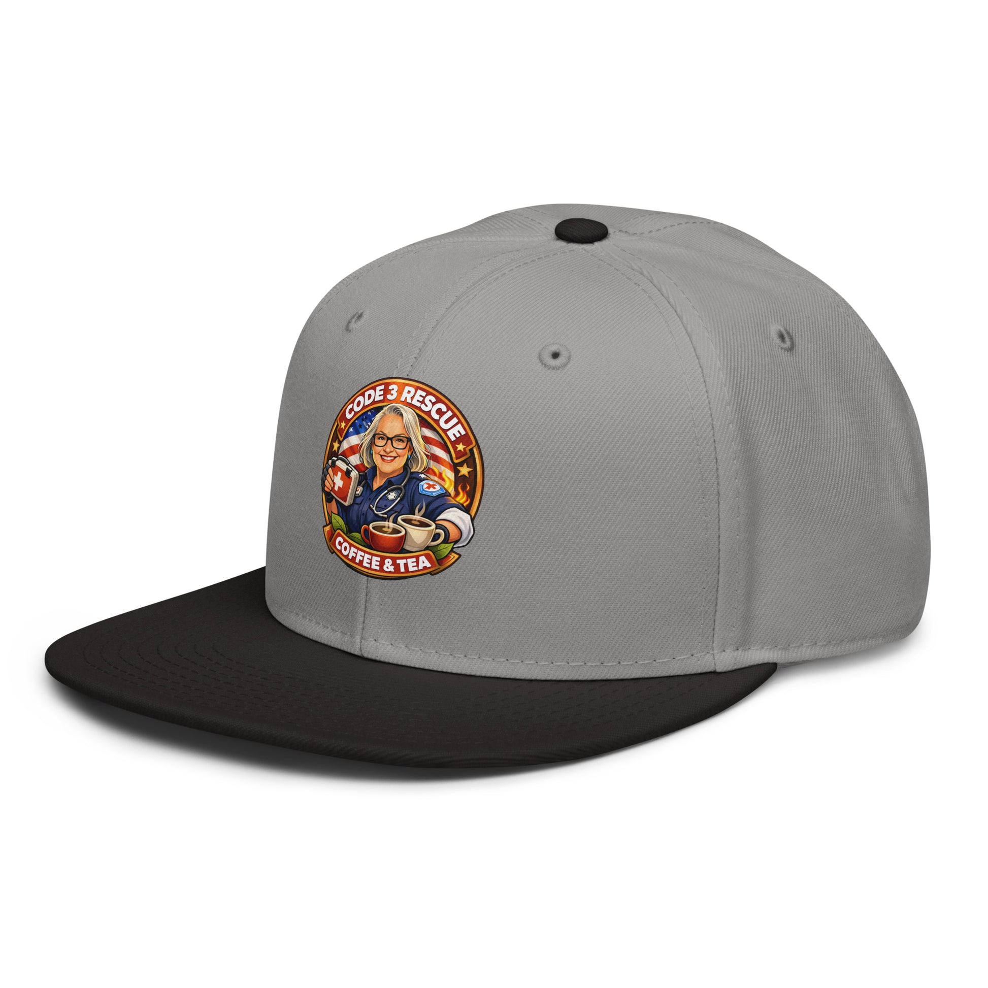 Gray and black snapback hat with embroidered design by Code 3 Rescue Coffee and Tea, featuring a stylish and casual look.