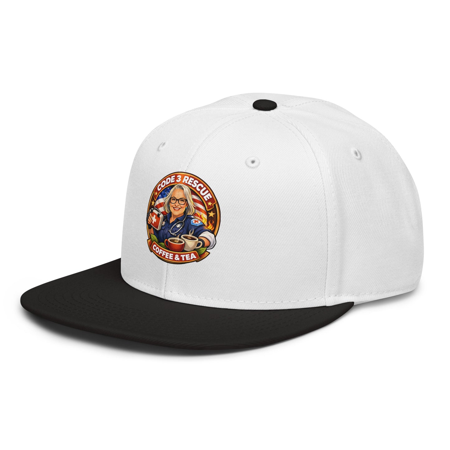 Gray and black snapback hat with embroidered logo from Code 3 Rescue Coffee and Tea, stylish and adjustable headwear.