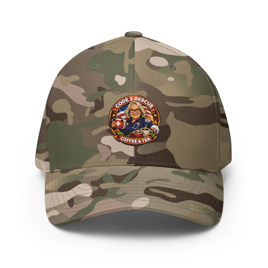 Structured twill cap with embroidered design by Code 3 Rescue Coffee and Tea, featuring a closed back and classic fit.