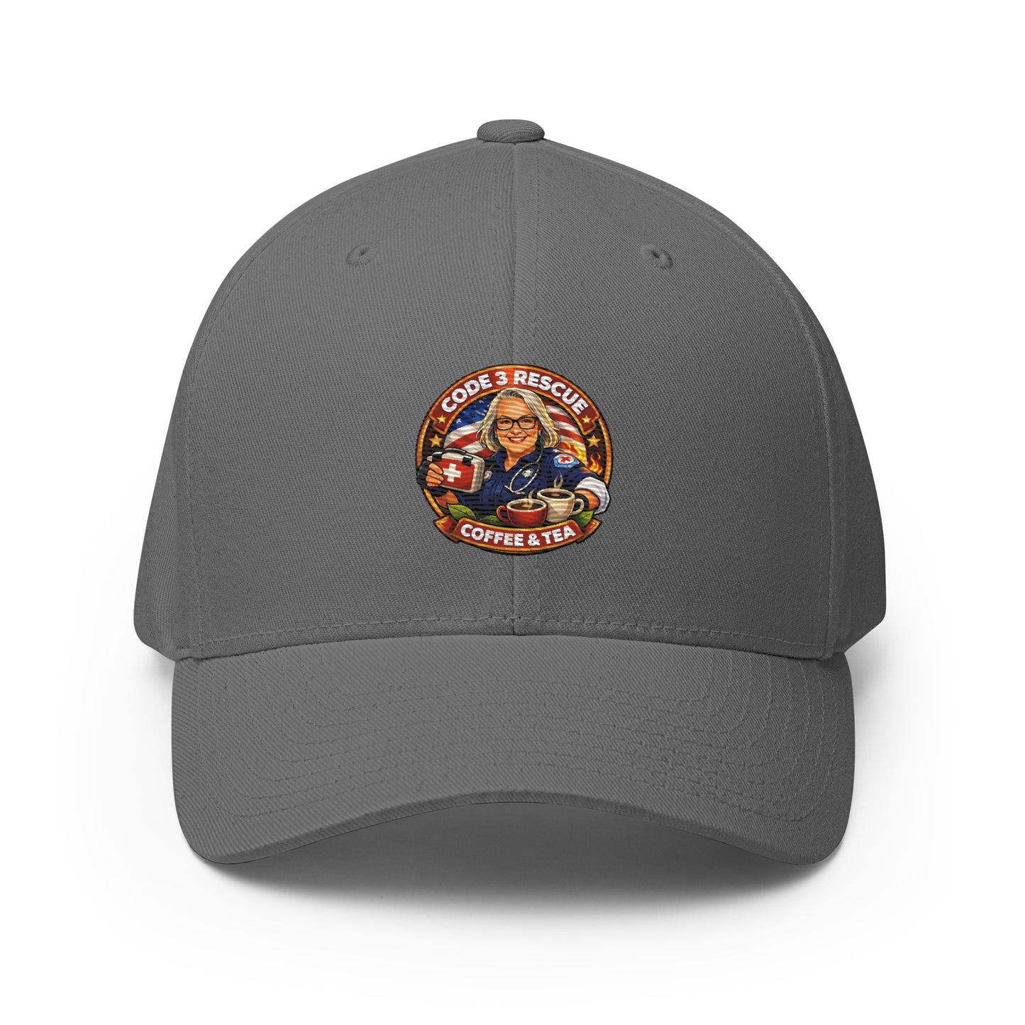 Structured twill cap with embroidered design by Code 3 Rescue Coffee and Tea, featuring a grey color and closed-back style.