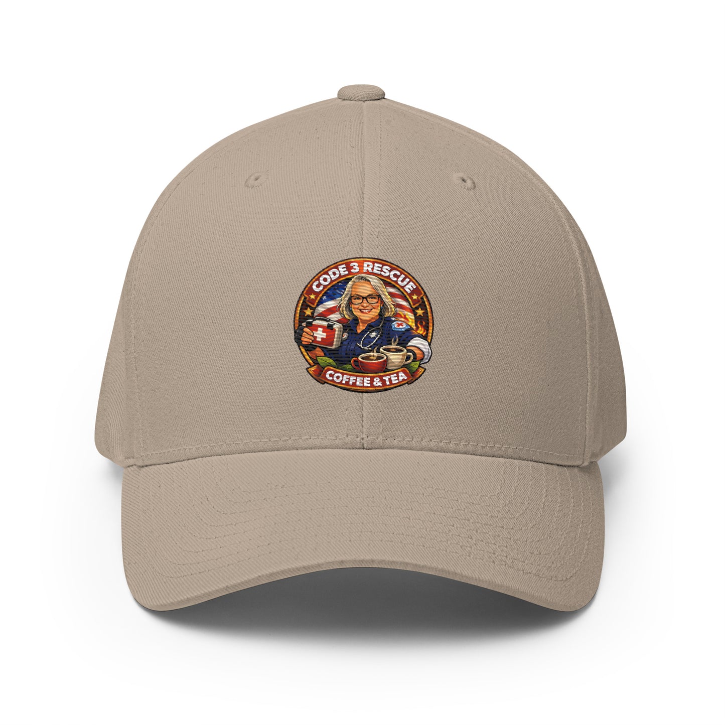 Structured twill cap with embroidered logo from Code 3 Rescue Coffee and Tea, featuring a classic closed-back design.